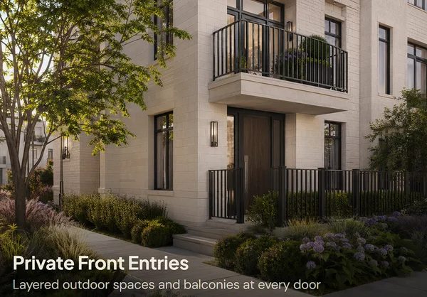 Private front entries with individual steps, balconies and layered planting.