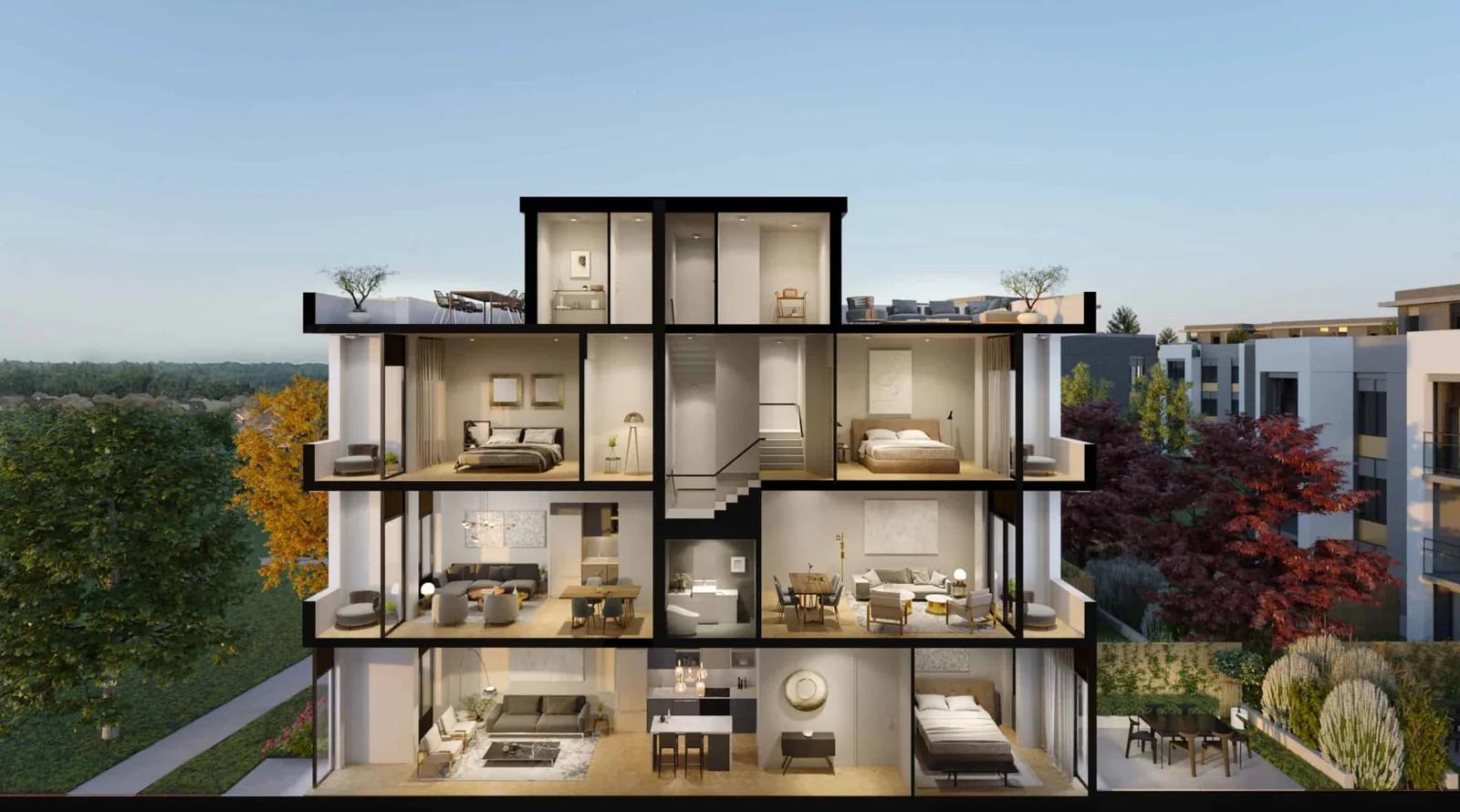 Complete architectural cutaway showing living areas, bedrooms, terraces and surrounding landscaping.