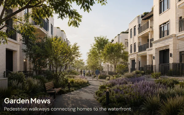 Garden mews with pedestrian walkways, benches and planting between the townhomes.