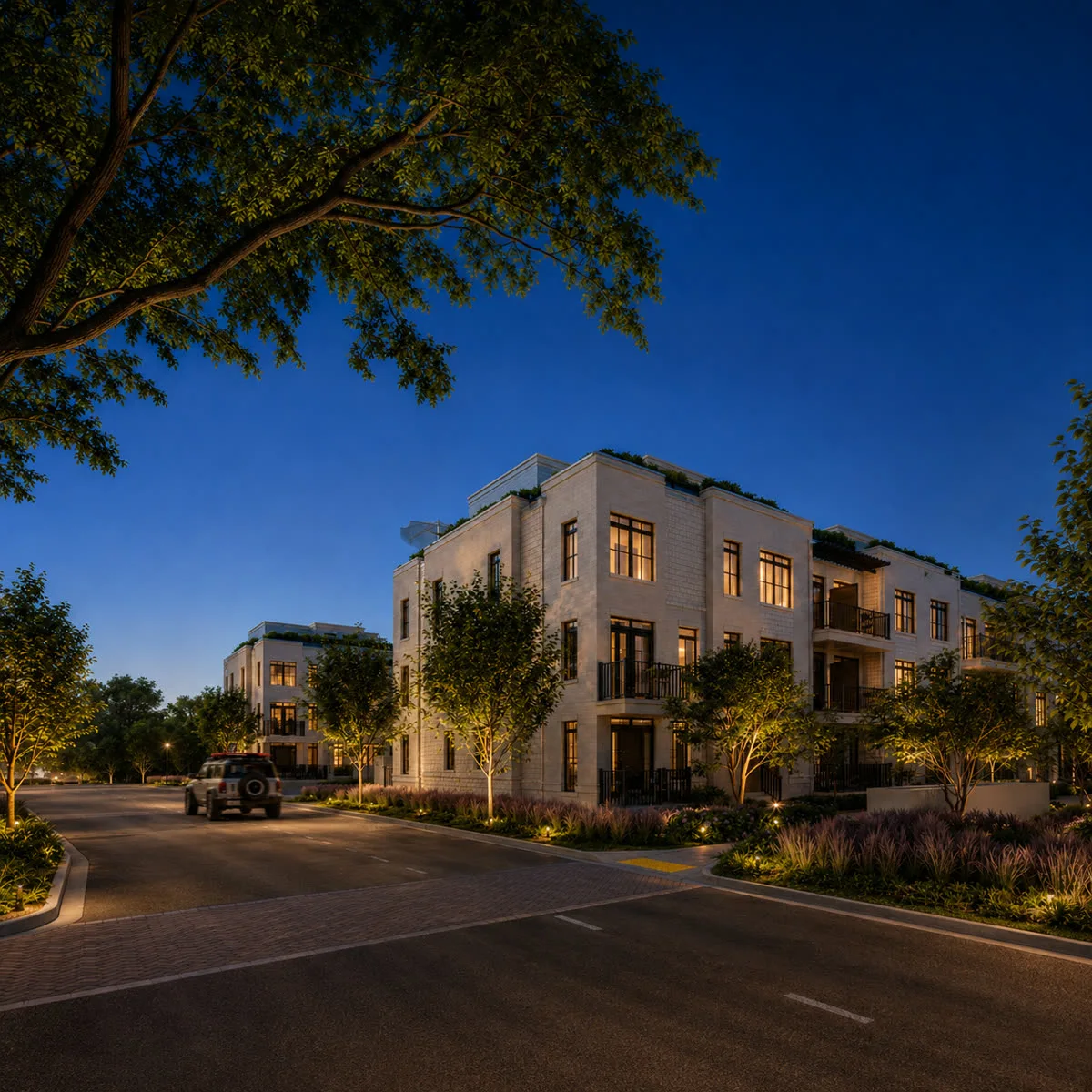Evening rendering of Southbanks architecture, private entries and landscaped streetscape.