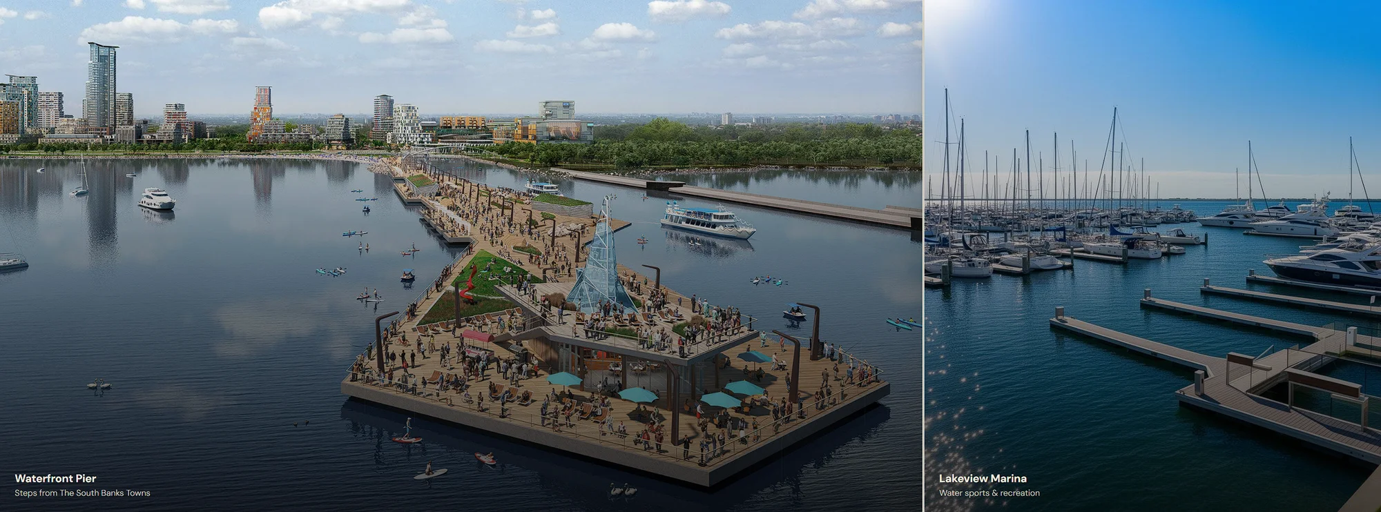Panoramic artist’s concept of the planned waterfront, pier and marina at Lakeview Village.